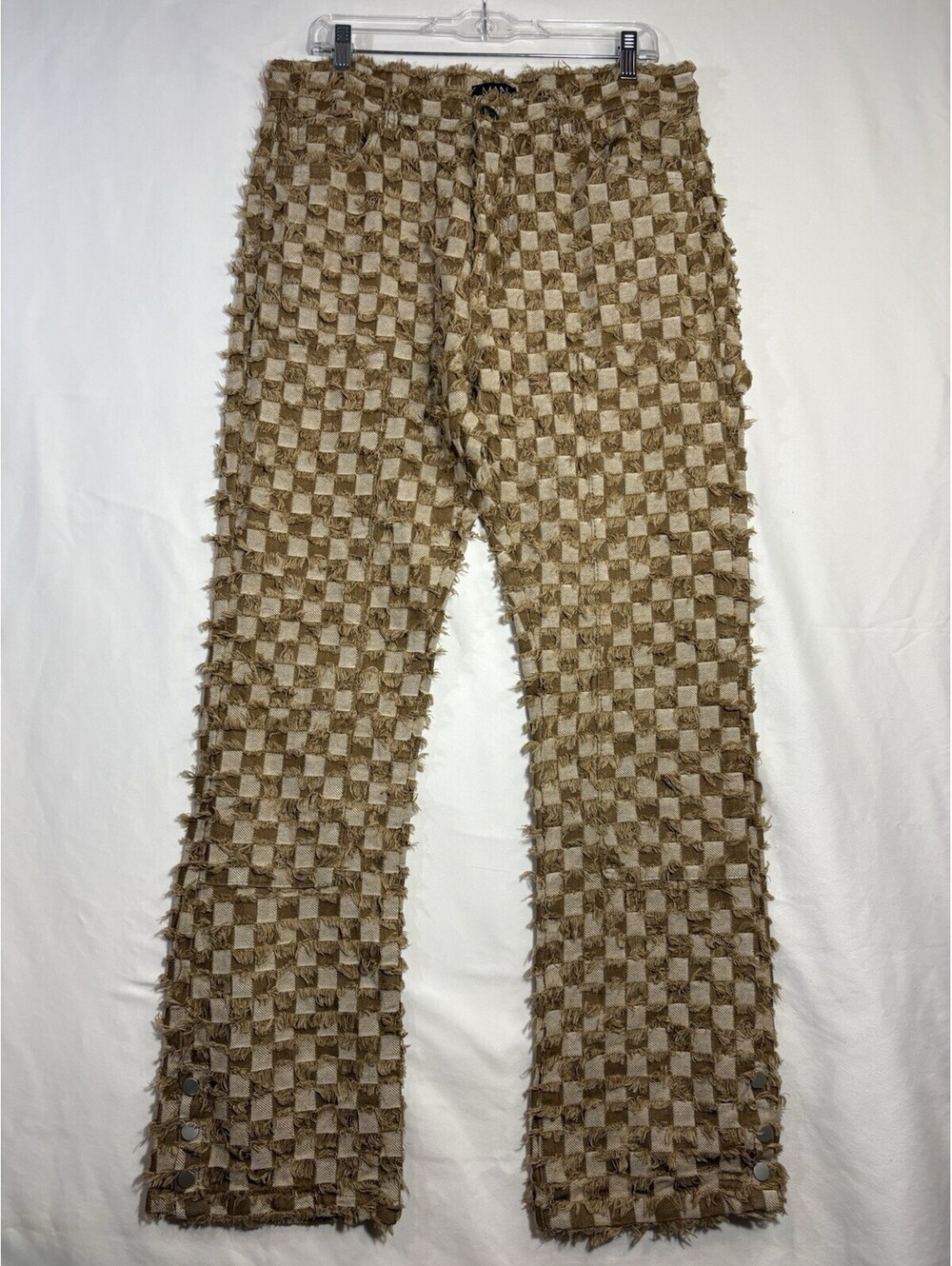 BoohooMAN Mens Jeans 34x31 Brown Checkerboard Frayed Shaggy Flare Y2K Statement